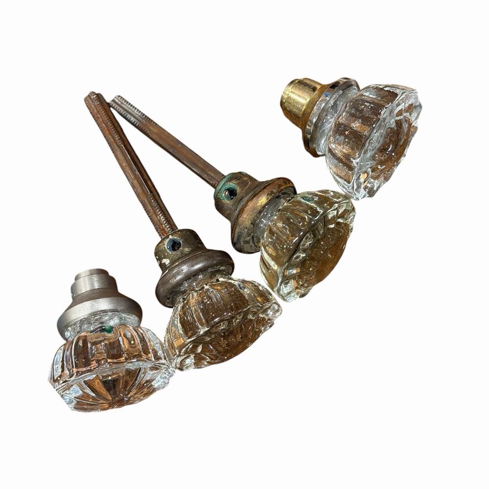(4) Clear Crystal Door Knobs 2 w/ Spindles 1 Glows Pink 3 Glow Green Antique